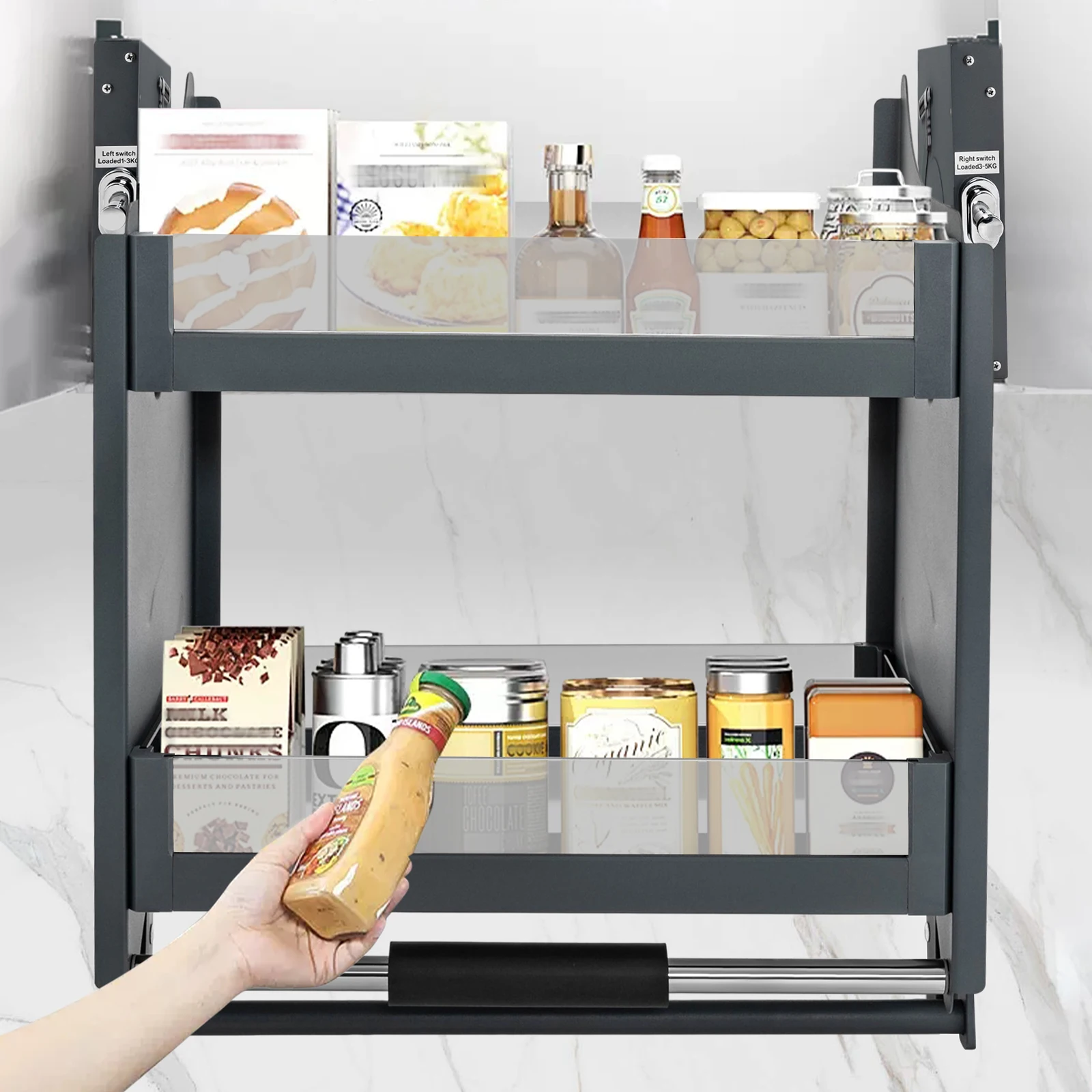 

2 Tiers Pull Down Shelf Kitchen Wall Adjustable Bearing Cabinet Storage Organizer with Heightened Guardrail for Storing Snacks