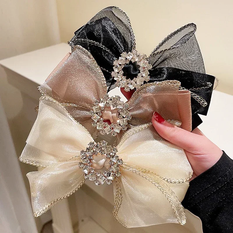 Shiny Full Rhinestone Bow Hair Clip for Girls Fashion Double Mesh Bow Hairpins Barrettes Women Side Bang Clips Hair Accessories