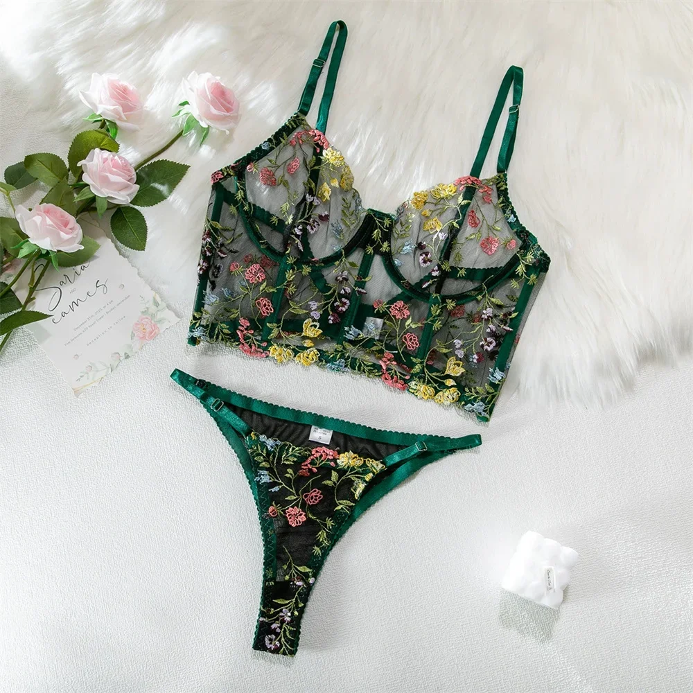 

﻿ Krasap Green Flower Embroidery Sexy Lingerie 2Pcs Sets Sexi Mesh See Through Patchwork Corset And Thongs Erotic Intimate Suit