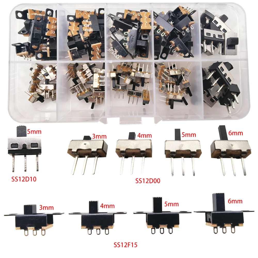 5 type Slide Switch set Micro Mini SPDT 1p2t Toggle Switches SS12D00 SS12F15 SS12D10 SK12D07 2 Position 3 Pin Small Miniature