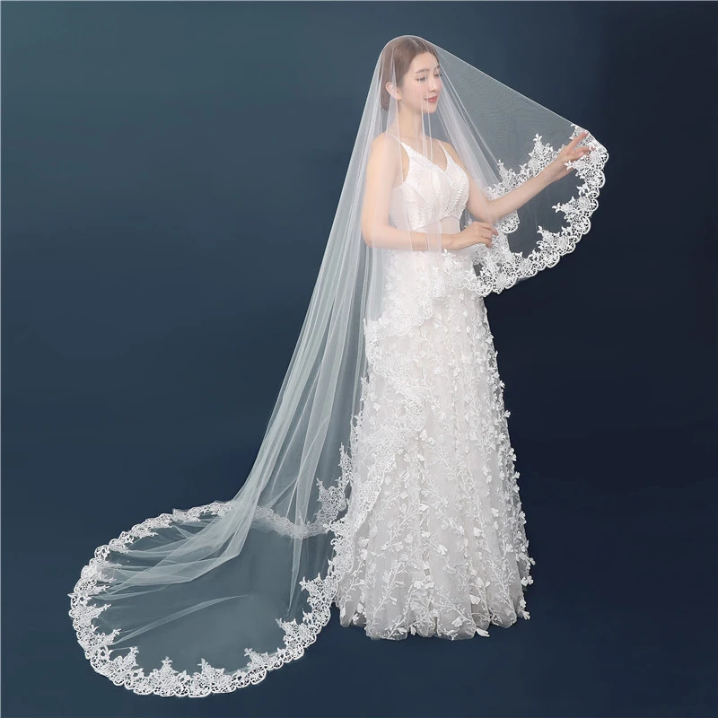 3M Long Veils Wedding Accessories Women Hairwear Engagement Hair Ornaments Appliqued Edge Double Layers Veil With Combs