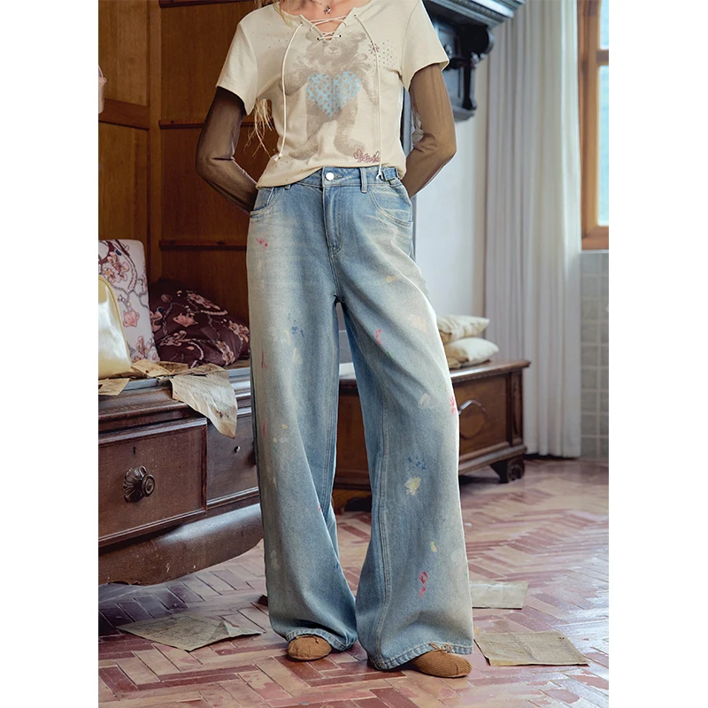 ELFSACK Women's Y2K Wide‑Leg Jeans with Color Splash Print, Vintage Washed Loose Denim Pants for Daily Casual Wear
