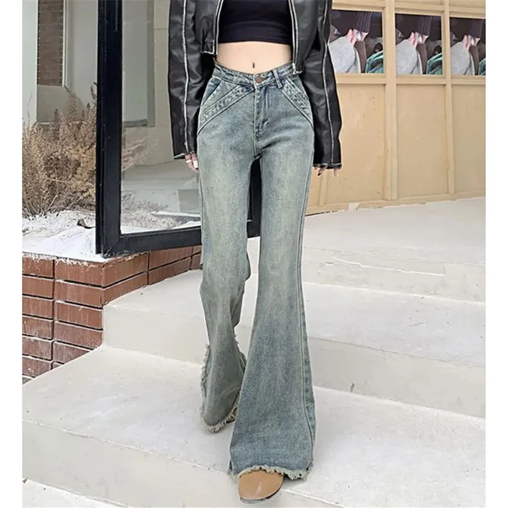 American Style Retro Spicy Girl Ruffled Micro Flared Jeans For Women Autumn Winter New High Loose And Slimming Floor Length Pant