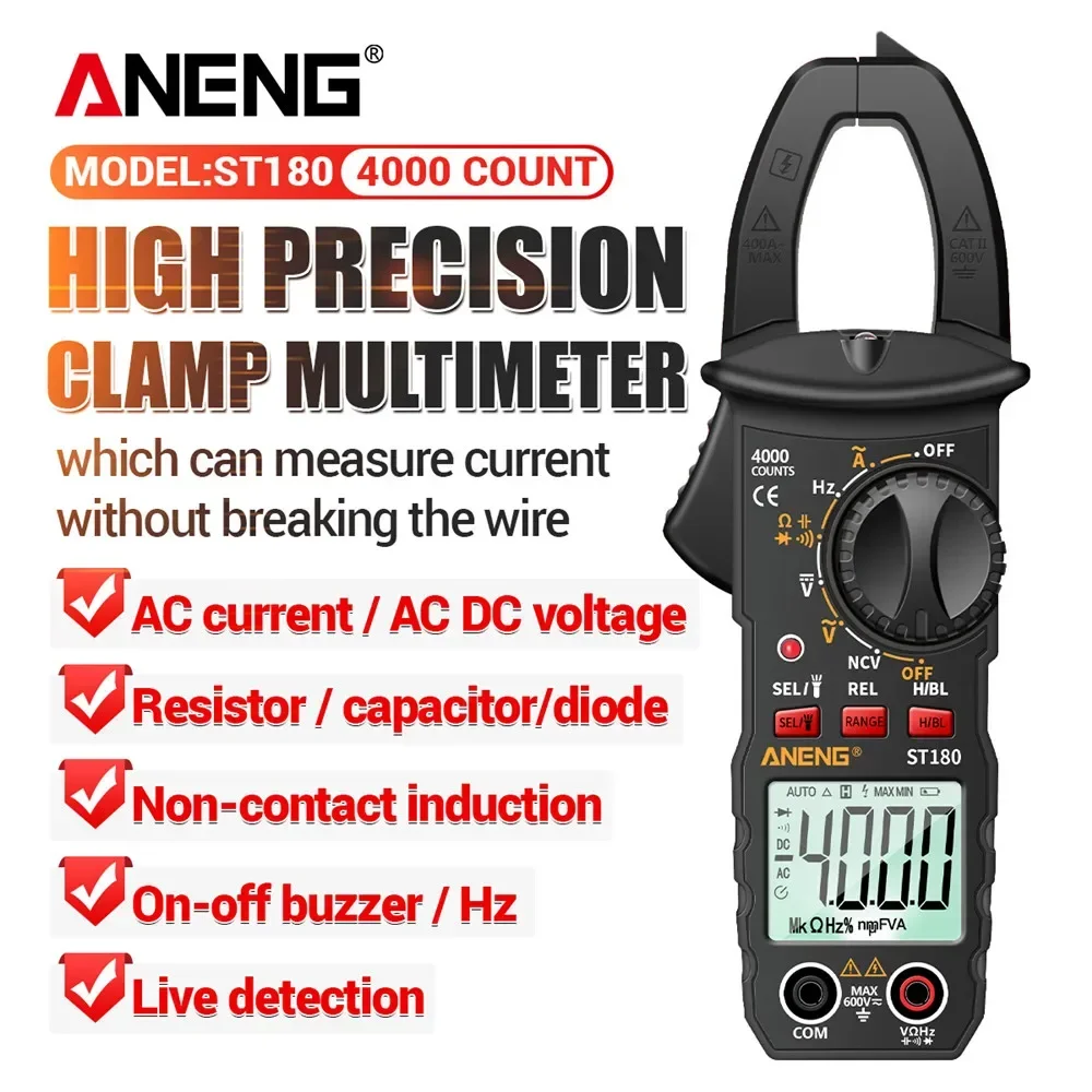 ST180 4000 Counts Digital Clamp Meter AC Current Multimeter Ammeter Voltage Tester Car Amp Hz Capacitance NCV Ohm Tool