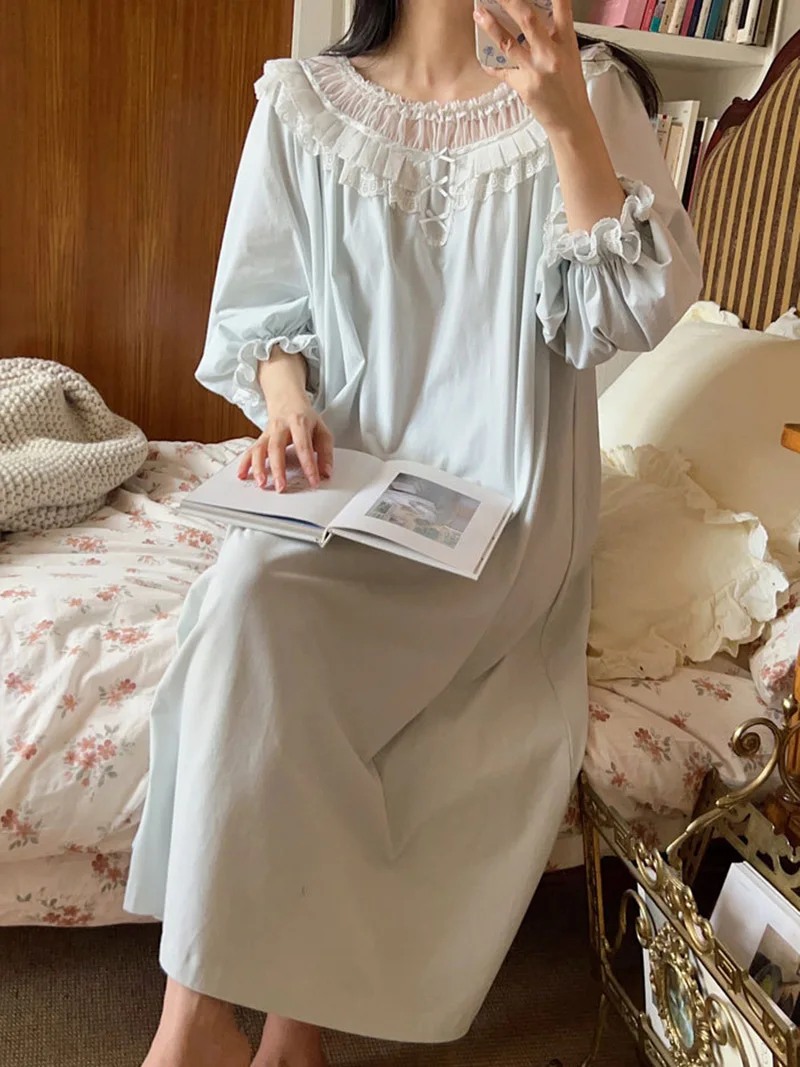 Fairy Victorian Nightwear Women Spring Delicate Lace Flower Long Sleeve Pure Cotton Vintage Princess Ruffles Pajamas Home Dress