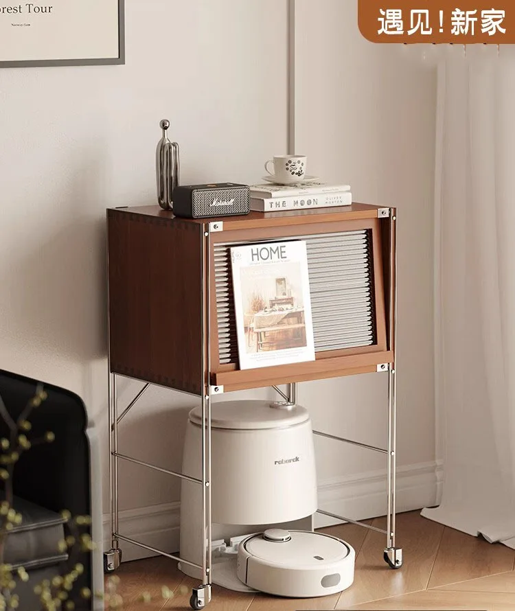 

Nordic solid wood bookcase, living room stainless steel sweeping robot storage cabinet, small apartment medieval glass locker