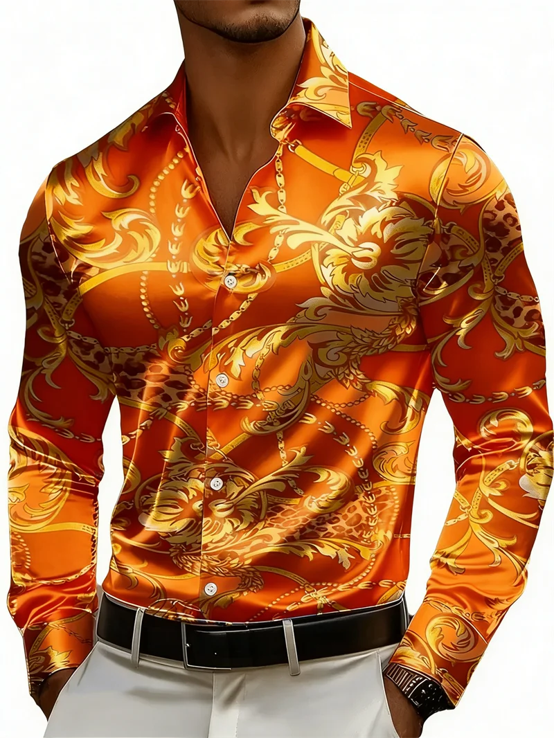 New Men's Long Sleeved Shirt with Chain Pattern 3D Printing Design, Men's Lapel Button High-Definition Casual Top