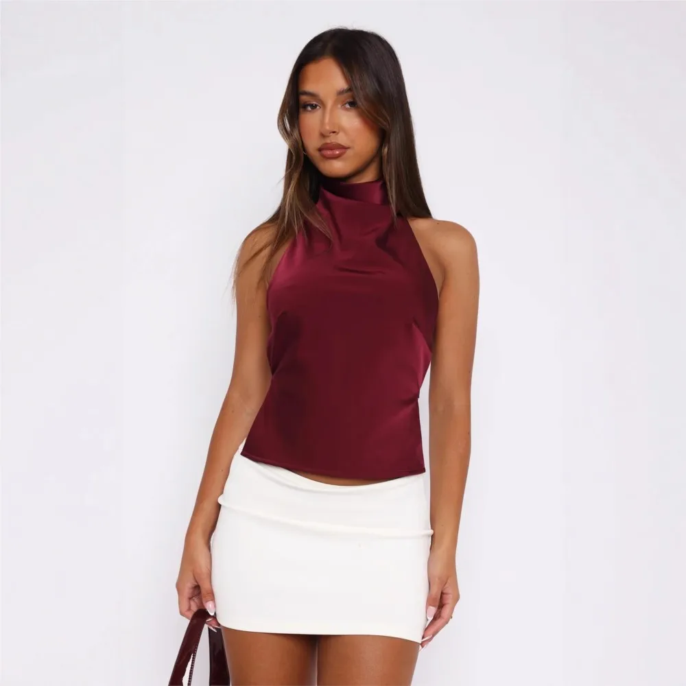 

Halter Neck Off-shoulder Top Summer Sexy Women's Backless Solid Color Short Sleeveless Top Vest Ropa Para Mujer Roupas Feminina