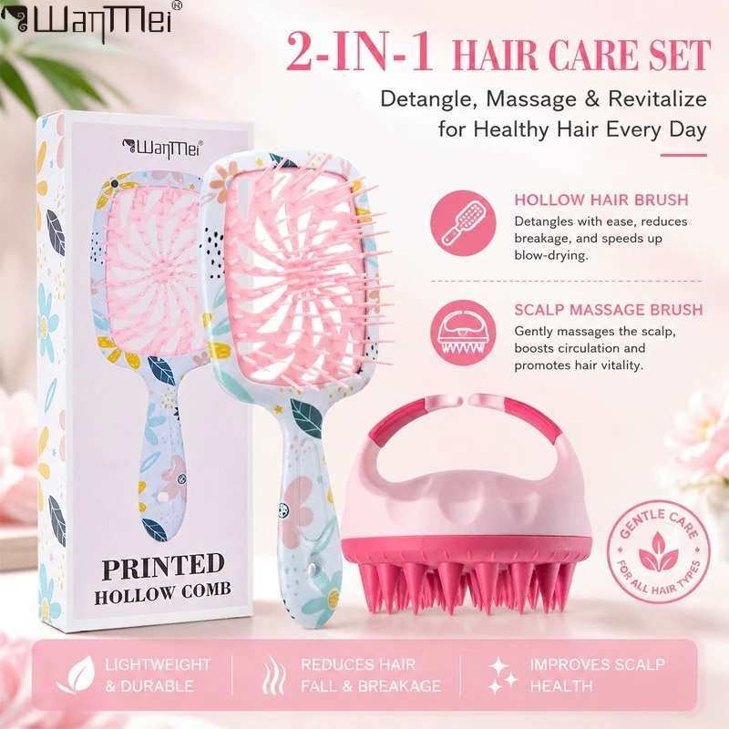 2Pcs Detangling Vented Hair Brush & Silicone Scalp Massage Shampoo Brush Set - Anti-Static Bristles for All Wet/Dry Hair