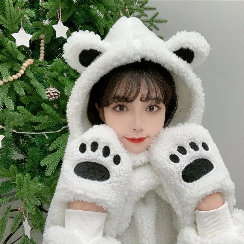 Kawaii Bear Hooded Sweater Women's College Wind Hooded Scarf Cute Bear Gloves One Detachable Lamb Plush Sweater Women Clothes