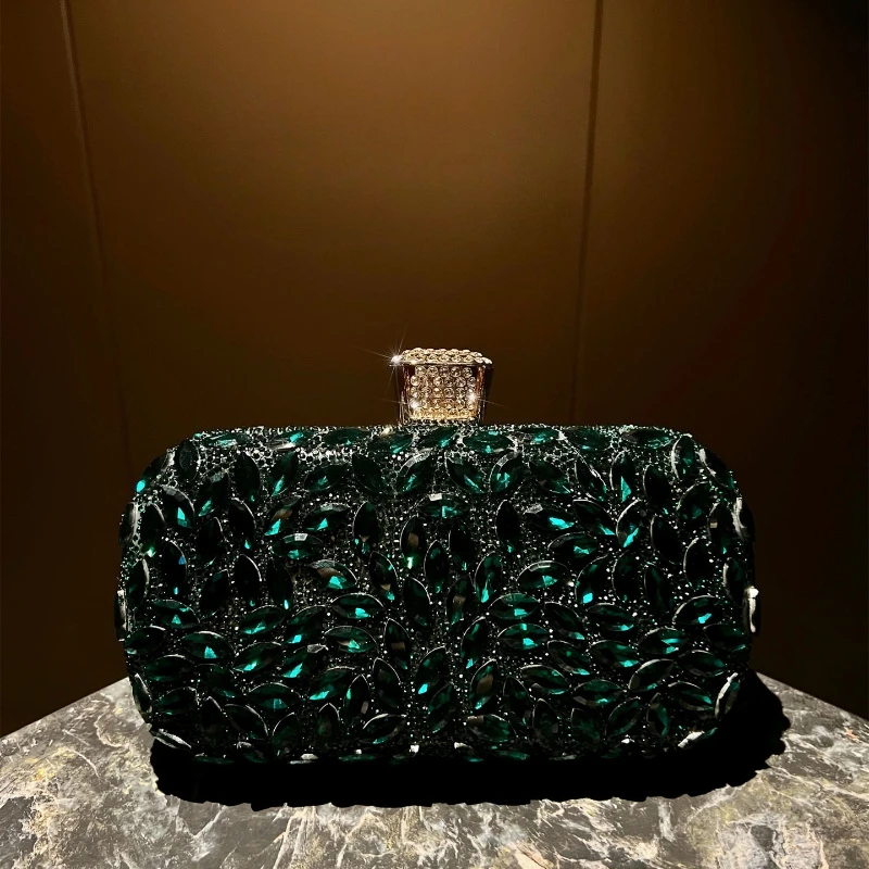 Luxury Crystal Evening Bag Women's Blingbling Diamonds Emerald Handbag Fashionable Full Diamond Clutch Purse with Long Chain