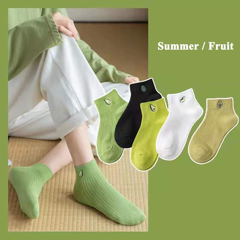 

5 Pack Ankle Cotton Socks for Women Cute Pattern Fruit Bear Letter Summer Spring Autumn Thin Sock Beige Black Soft Heel Mats