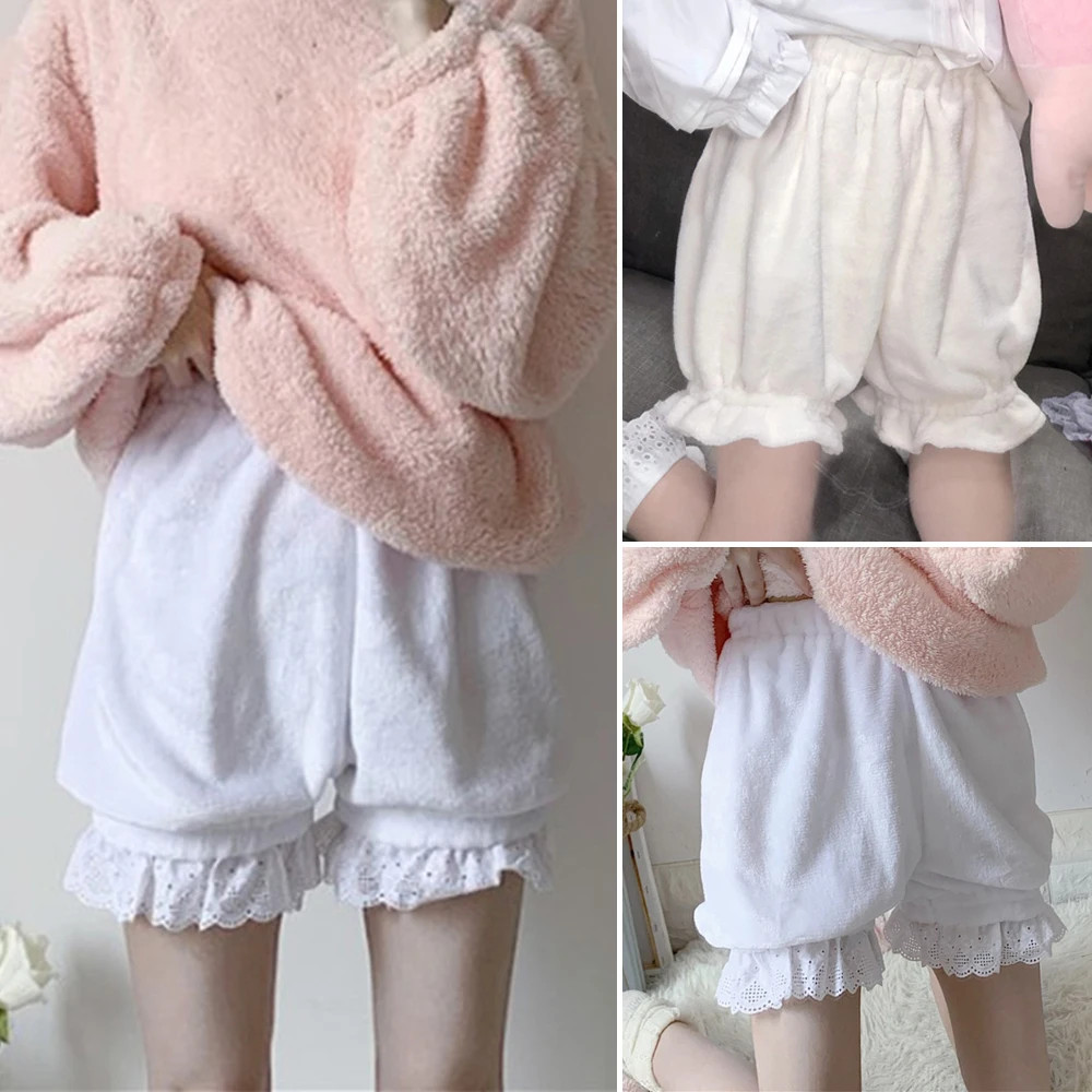 

Thermal Safety Short Y2k Sweet Pumpkin Short Pants Lolita Autumn Winter JK Plush Shorts Ruffles Lace Solid Color Lantern Shorts