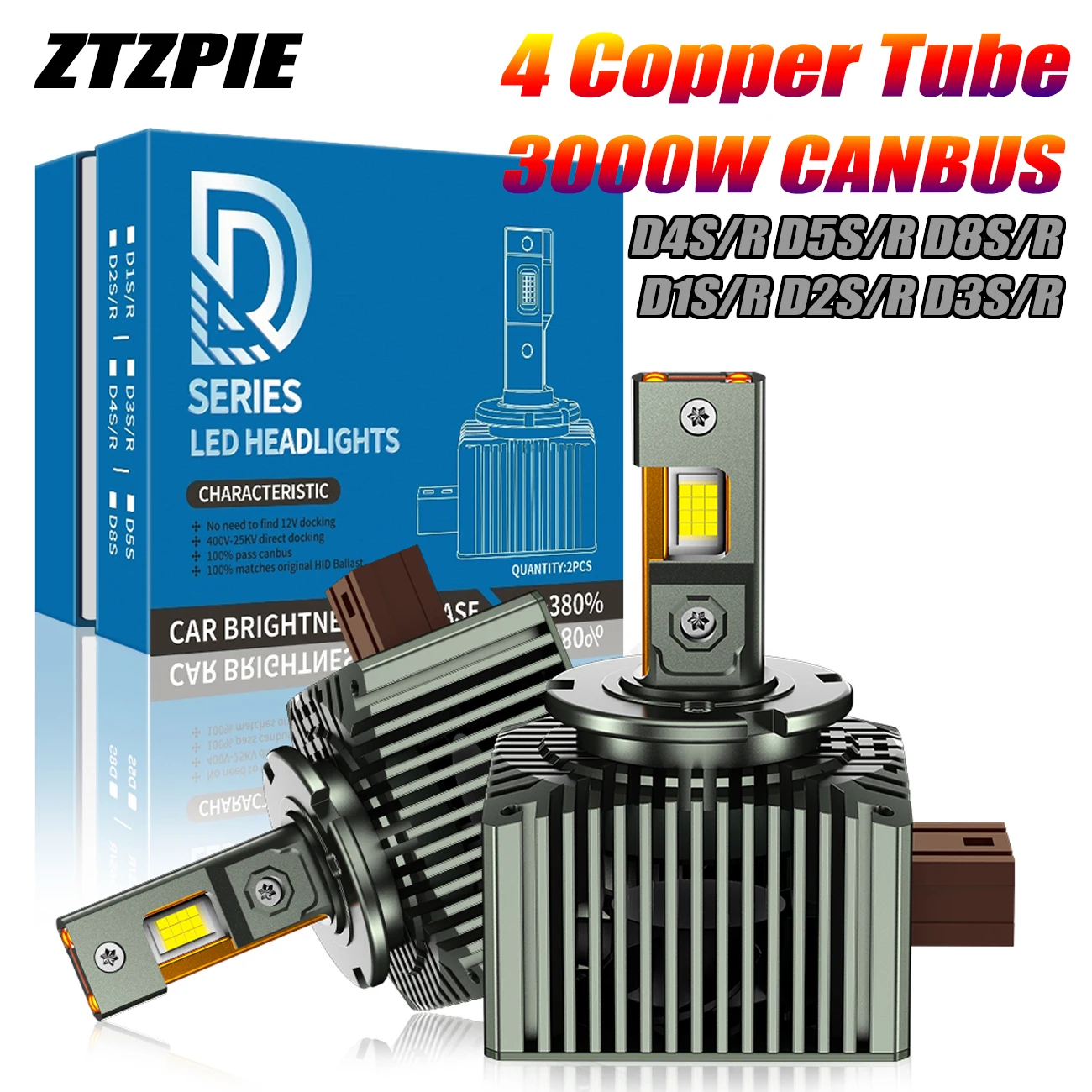 ZTZPIE D3S LED Headlights HID D1S D2S D4S D5S D8S D1R D2R D3R Turbo LED 3000000LM Two-sided CSP Chip 6500K 3000W Plug&Play