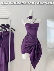 High Quality Purple Prom Gown Low Chest Wrapped Solid Evening Dress Design Banquet Simple Wrap Hip Satin Dress Formal Occasion