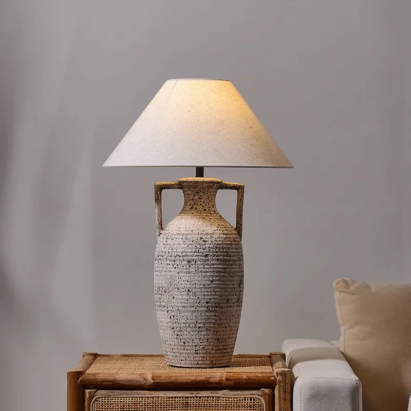 

Nordic Style Modern Ceramic Base Desk Lamp with Handmade Cone Shade 110V AC Electric Gray Beige Fabric Shade for Indoor Use