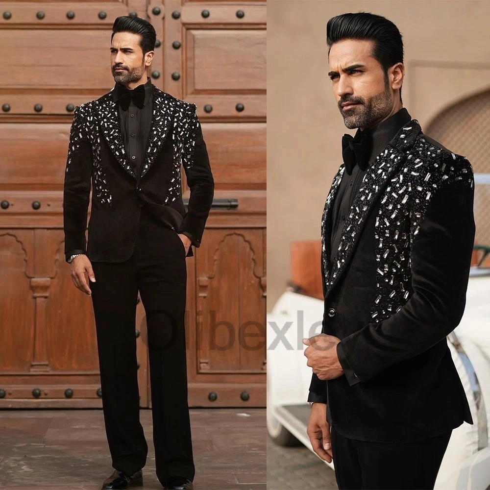 Olibexley Black Crystals Beading Men Suits Two Pieces Set Groom Wedding Tuxedos Male Prom Blazers Shawl Lapel Customized S438