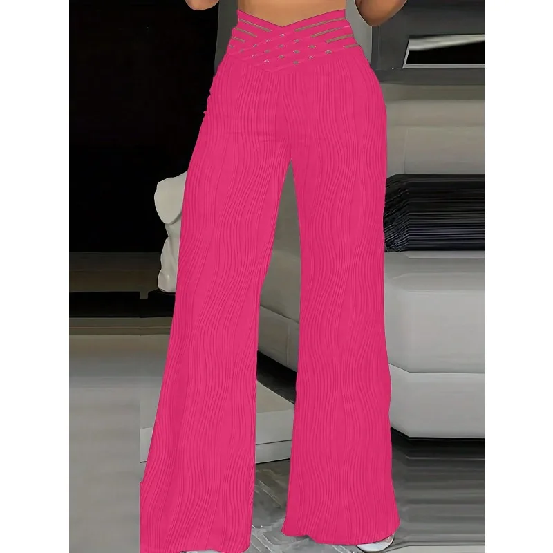 Pantalones de mujer Moda Cintura superpuesta Parche de malla transparente Casual Plain Cintura alta Pierna ancha Pantalones largos acampanados