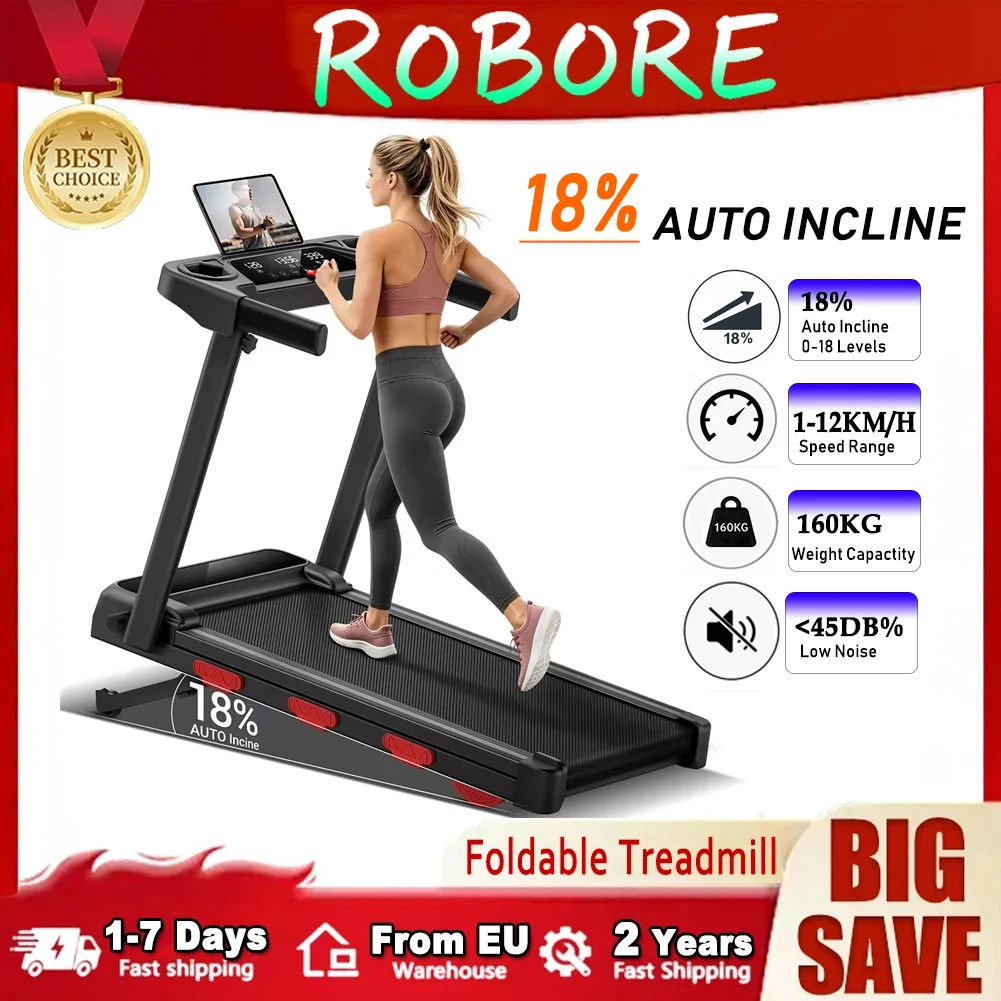 Tapis de course pliable ROBORE SF60, inclinaison automatique à 18 %, moteur sans balais 3,0 CV, vitesse 12 km/h, capacité 160 kg, triple absorption des chocs, bande de course à 7 couches, silencieux 45 dB, avec mains courantes, porte-gobelet, support tablette, pliable, gain de place, pour usage domestique