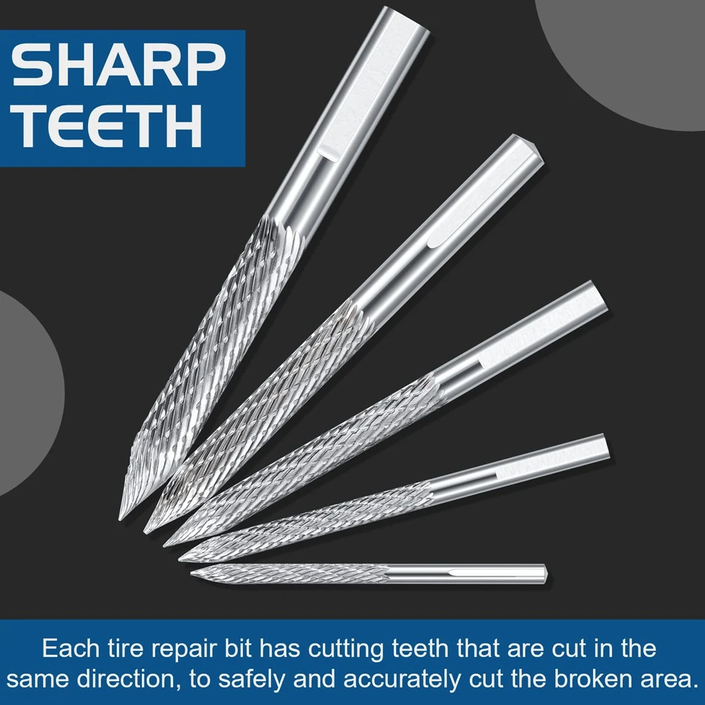 다양한 크기의 타이어 수리 카바이드 버 드릴 비트, 타이어 패치 플러그 커터, 와이어 커터 리머 드릴, 5 팩