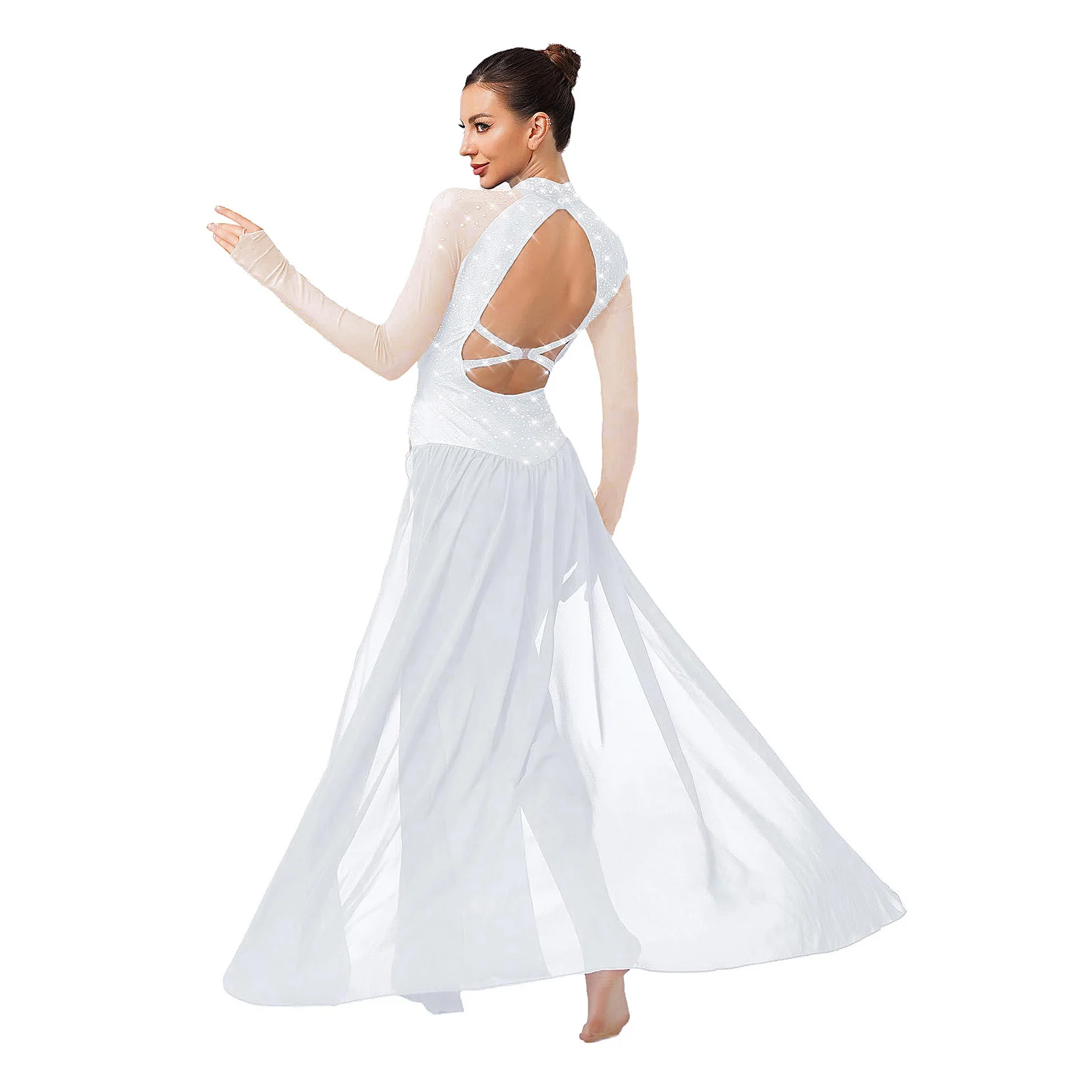 النساء ثياب التزلج الباليه فستان رقص غنائي الحديثة Dancewear طويلة الأكمام عارية الذراعين الشيفون الراين داخلية فستان ماكسي