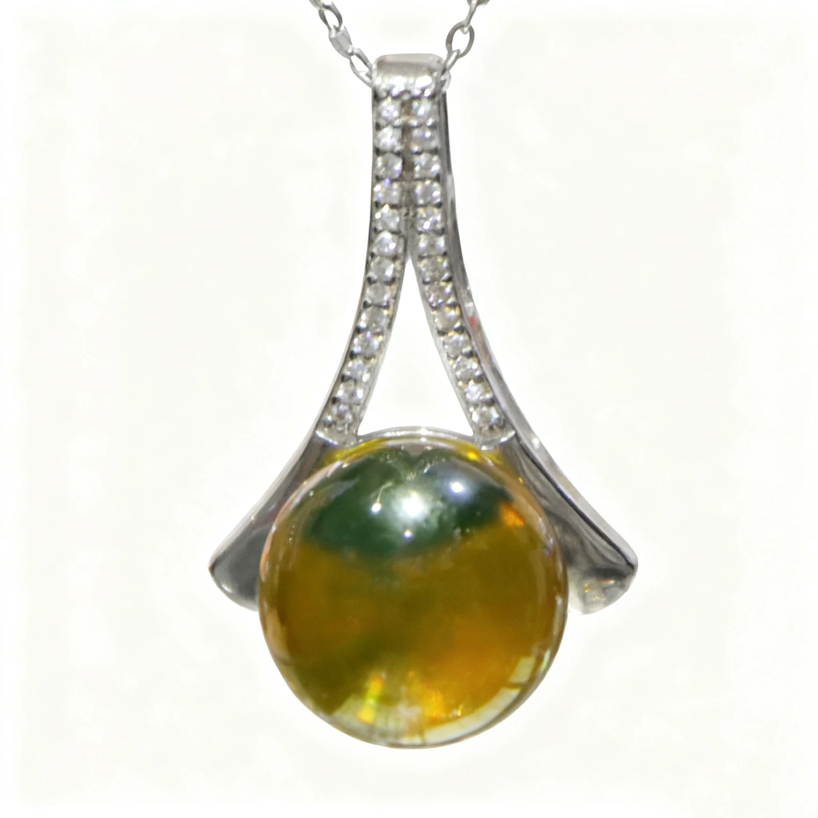 Natural Mexican Blue Amber Pendant 12mm Round Bead 925 Sterling Silver Triangle Pyramid PendantFashionLuxuryJewelryGiftfor Women