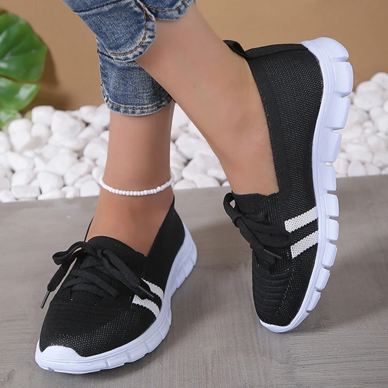 Mesh Knitted Striped Flats Shoes for Women 2024 Summer Lace Up Casual Sneakers Woman Breathable Soft Sole Loafers Plus Size 43