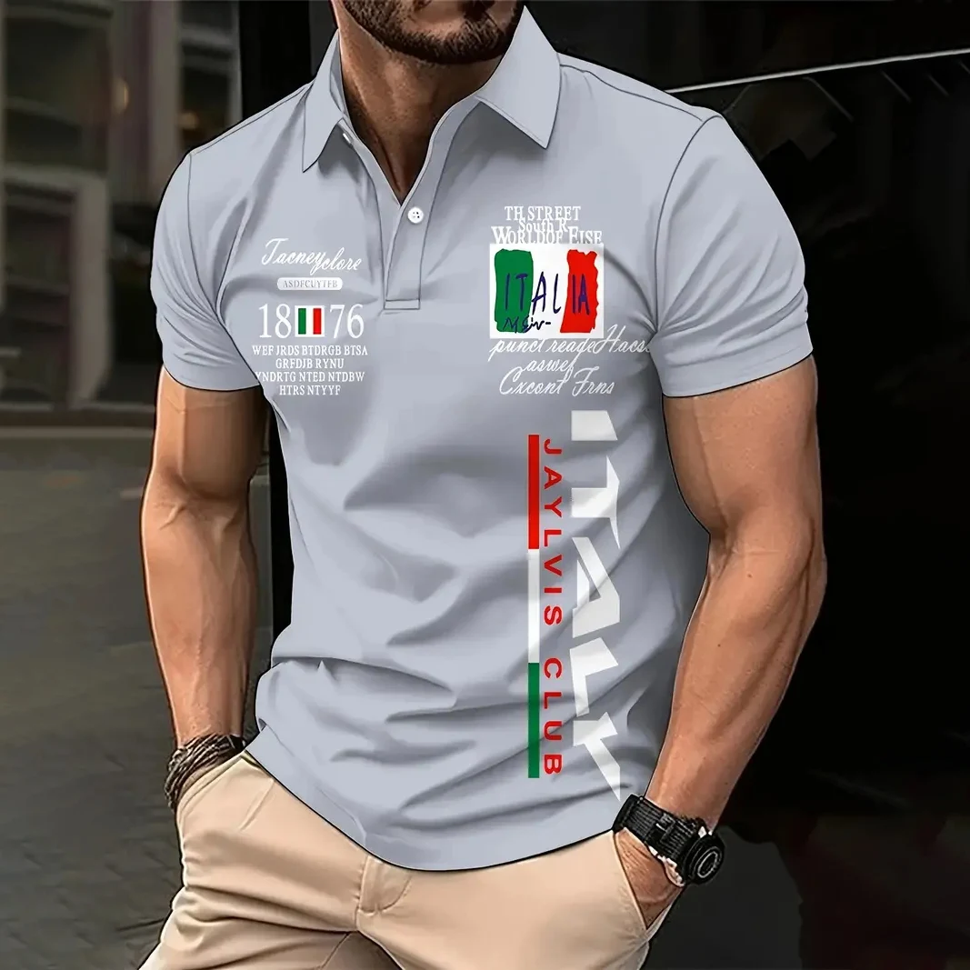 Fashion Men\'s Polo Shirt Italy Graphic Print Summer Short Sleeve Casual Button-Down Tops Oversized Male Clothing Golf T-Shirt