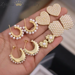 5 Pairs, Fashion Heart Stud Earrings for Women Korean Gold Color Imitation Pearl Geometric Earring Fashion Jewelry