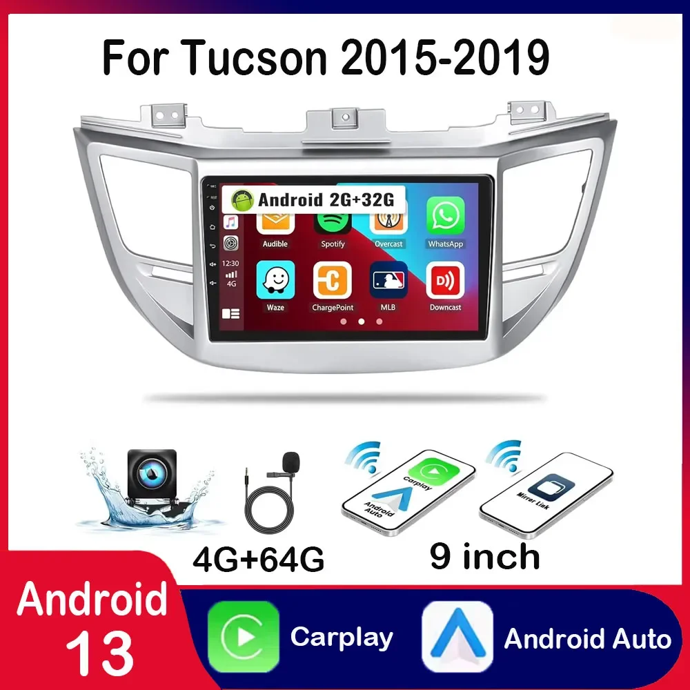 

2G + 32G 9-дюймовый Android 13 автомобильный радиоприемник стерео беспроводной Carplay GPS-навигатор, совместимый для Tucson 2015-2019