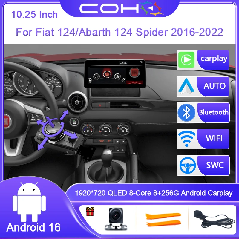 10.25inch For Fiat 124/ Abarth 124 Spider 2016-2022 Dual System Android16 Car Multimedia Player Stereo Radio GPS 4G WiFi CarPlay
