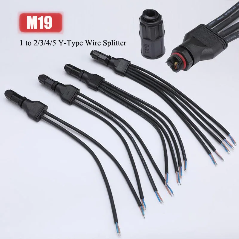 Waterproof 2Pin Y-type Wire Splitter Outdoor IP67 1 to 2/3/4/5 M19 Screw Locking Cable Connector for Projector LED Light