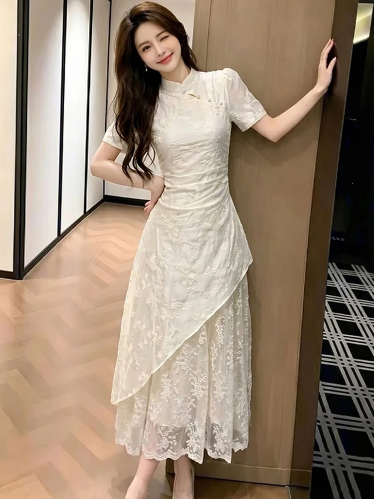 White Jacquard Patchwork Ruffled Women's Long Dress Summer Short Sleeve Stand Collar Dress 2026 Korean Elegant Bodycon Vestidos