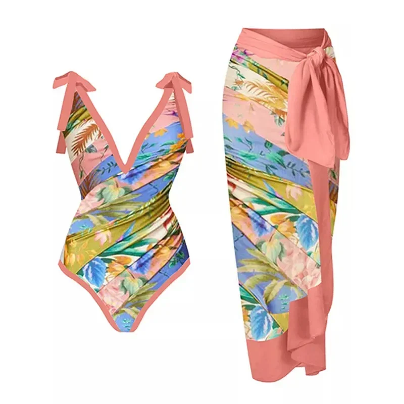 Traje de baño de una pieza con estampado Vintage para mujer, Bikini con volantes y escote en V profundo, Kimono de moda, ropa de playa