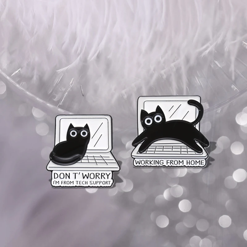 BEFORE YOU CLICK Pines Lapel Badges WORKING FROM HOME Funny Jewelry Gift for Friends Black Cat Enamel  Brooch Custom THINK