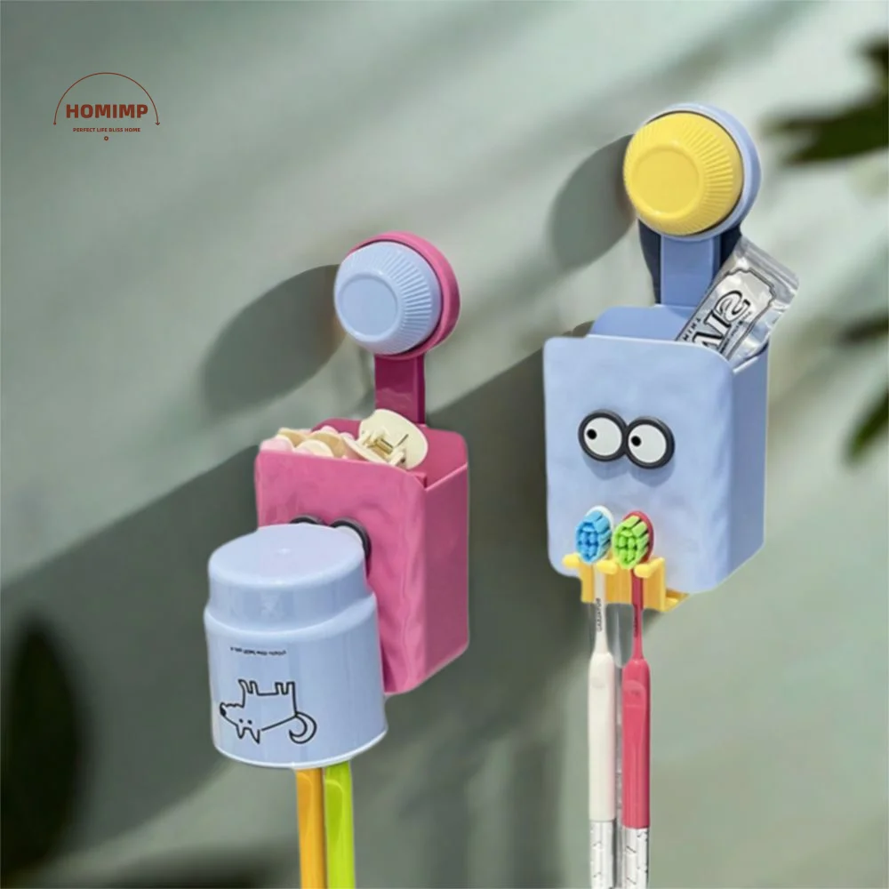 

4Pcs Dopamine Suction Cup Toothbrush Holder Plastic Wall Mounted Toothpaste Organizer Cartoon Sundry Storage Box Bathroom