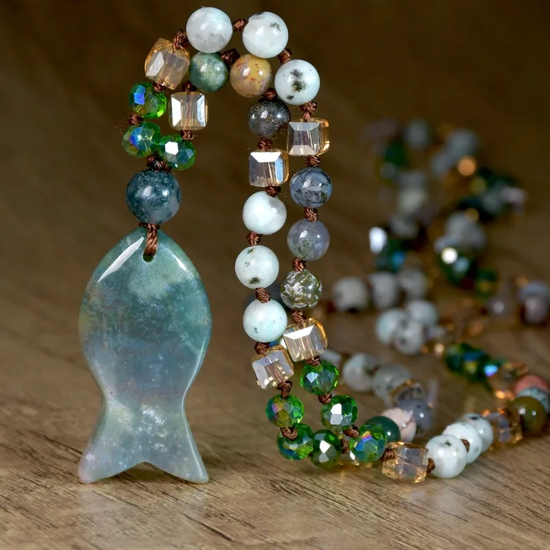 

Индийский агат, кулон в виде рыбы, камень, кристалл, бисер, завязанное ожерелье для женщин, длинная цепочка для свитера, ювелирные изделия в стиле бохо, осень-зима