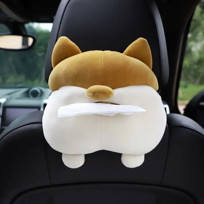 Creative Cute Cartoon Car Tissue Box Corgi Ass Plush Napkin Holder Animal Decoration Bracket for Car Seat Back