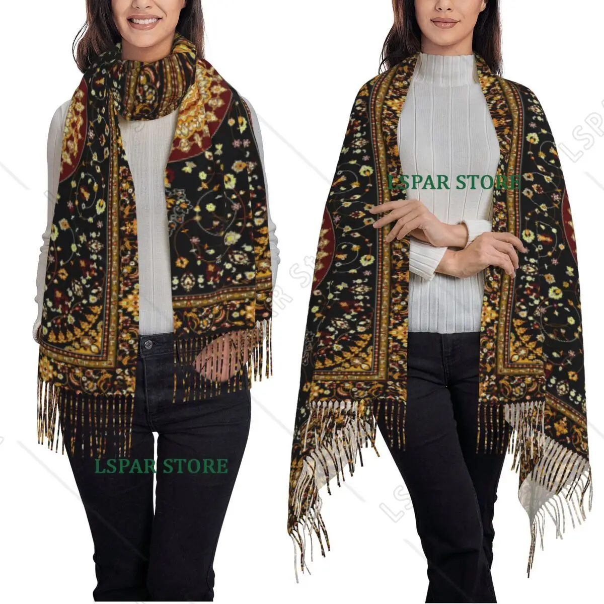 Bohemia Ethnic Antique Persian Carpet Tribal Rug Style Scarf Tassel Scarves for Women Shawl and Wrap Long Fall Winter Shawl Wrap