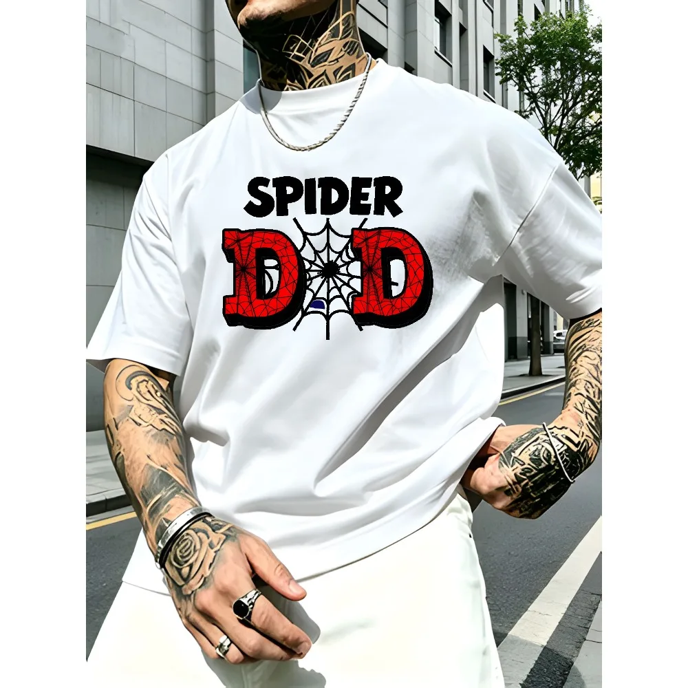 

Men's Streetwear Brand SPIDER DAD Letter Print T-Shirt, Loose Drop-Shoulder Style, Pure Short Sleeve, European and American Style Casual Daily Top