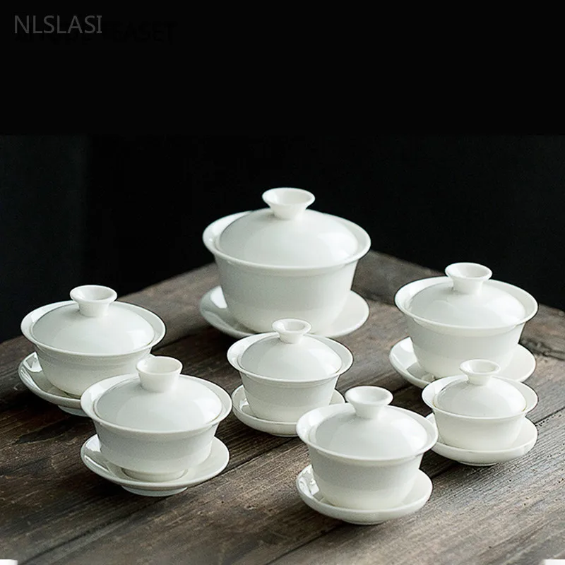 Dehua Handmade Ceramic Gaiwan Large Tea cup Solid color Tea tureen Chinese White porcelain Tea set Drink tea Accessories