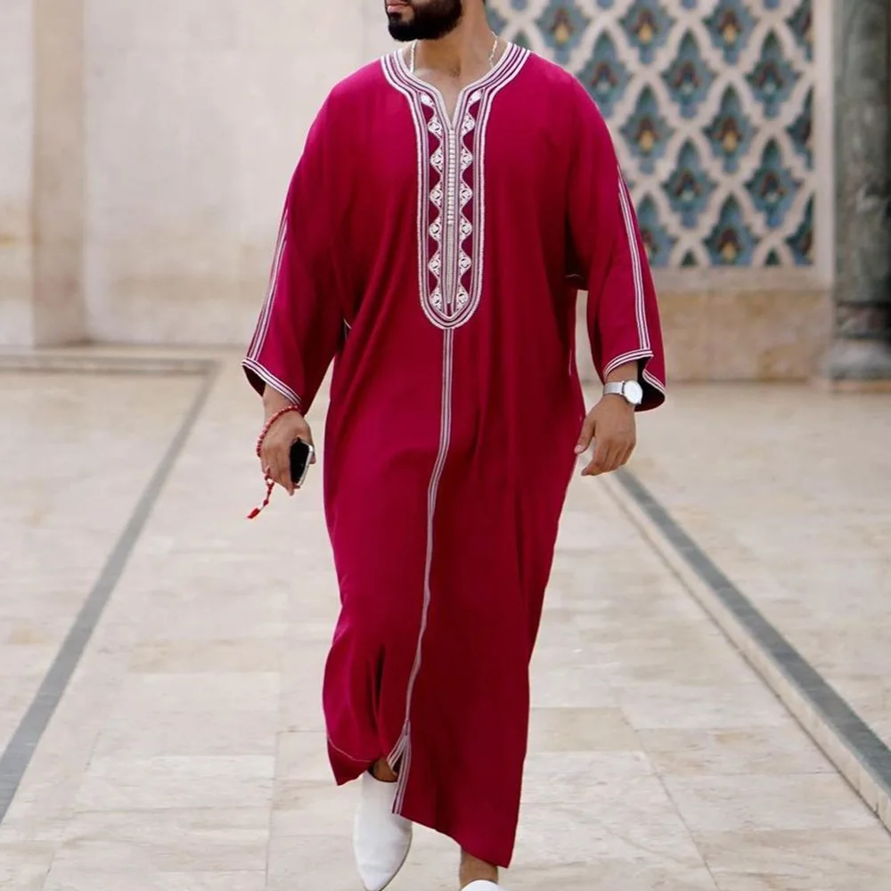 Durable Kaftan Robe Arab Muslim Men Jubba Thobe Long Sleeve Islamic Dubai Ethnic Clothes Gown Nightshirts Pajama Loose Casual