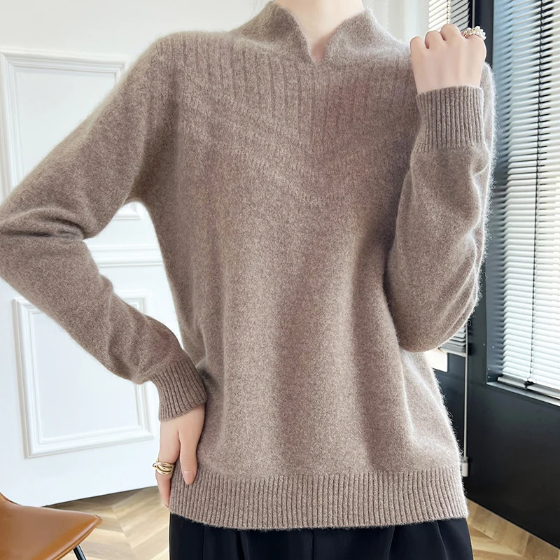 Moda Damska 100% Wełna Merino Jednolity Kolor Stójka Sweter Długi Rękaw Pulower Kaszmir Miękki Ciepły Delikatny Top Odzieżowy