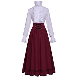 19th Century Victorian Vintage Gothic Bandage Medieval Cosplay Costume French Lolita Ruffled A-line High Waist Skirts+Shirt Set