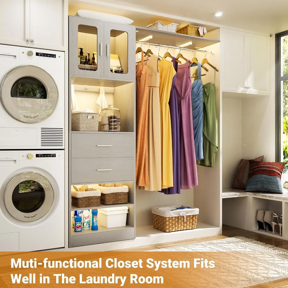 Closet Organizer System Tower with Big Wing Shelf, 60 Inch Reversible Walk in Wardrobe System with Hanging Rods, Drawers, Door