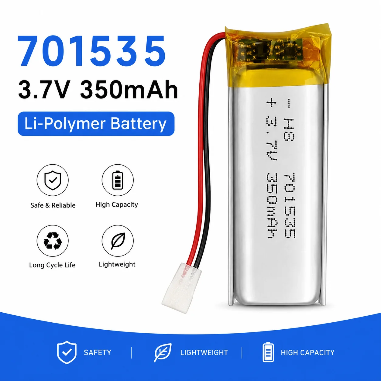 701535 3.7V 350mAh 701535 Li-Polymer Battery Safe Replacement for Bluetooth Earphone, Dog Training Device, POS Machine & More