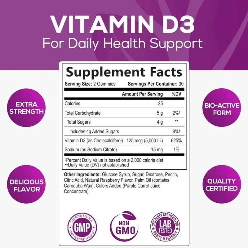 Vitamin D3-Gummis iu zusätzliche Stärke mcg D3-Ergänzung-unterstützt die natürliche Gesundheit von Knochen, Muskeln und Immun-60 Gummis