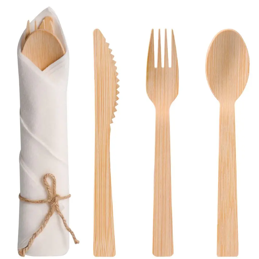 

Rolled Napkin and Bamboo Cutlery Set 50Pack Bamboo Utensils Compostable Cutlery50 Forks, 50 Knives, 50 Spoons, 50 Napkins, Biode