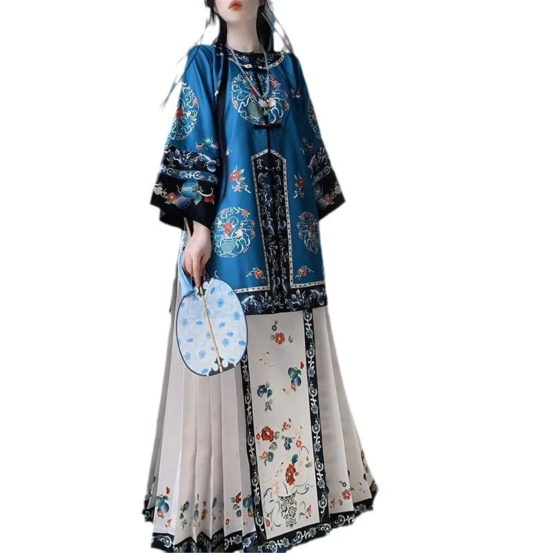 Costume da spettacolo teatrale della dinastia Qing retrò per le donne Vinatge gonna tradizionale cinese con faccia di cavallo Hanfu Dress Set Cosplay