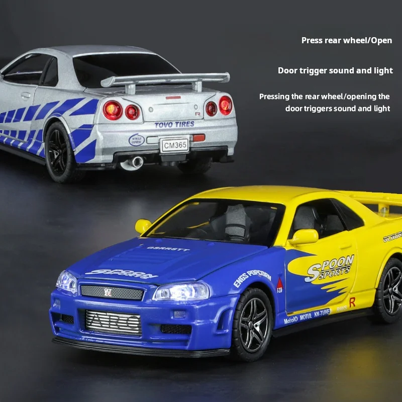 Modelo de coche de juguete Nissan GTR34 Skyline GTR, miniatura de carreras fundida a presión, sonido y luz, Colección extraíble, regalo para niños, 1/32